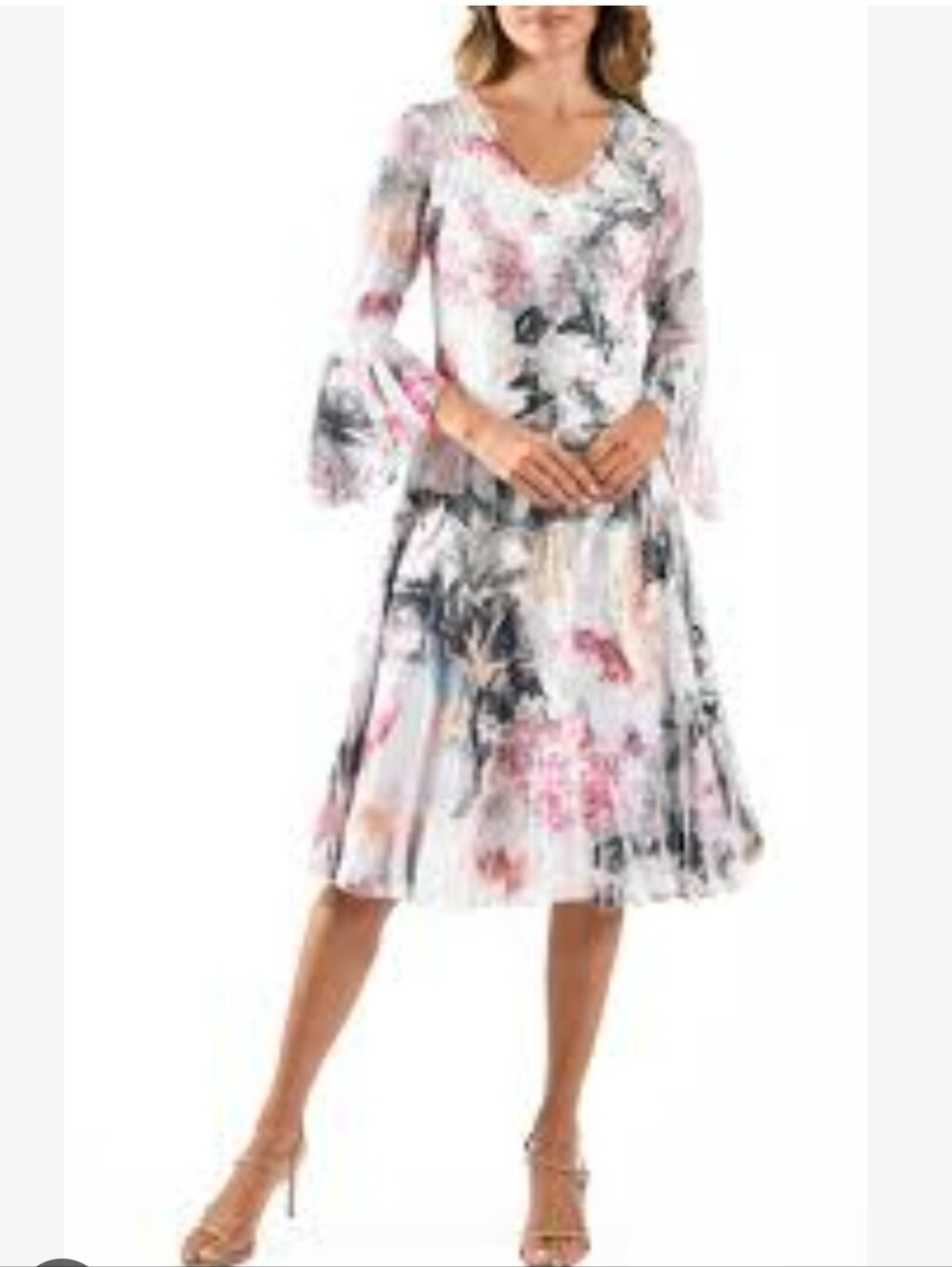 Komarov Sublimation Floral Flower Midi 3/4 Sleeve V Neck Dress Multicolor Size M